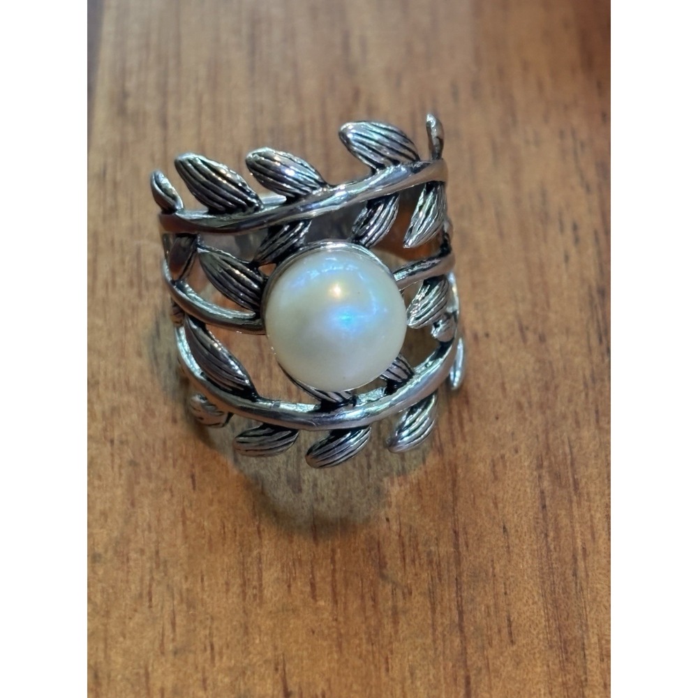 Sterling Silver 925 OP Wide Leaf Band Ring w/ 11mm Cultured Pearl Size 8